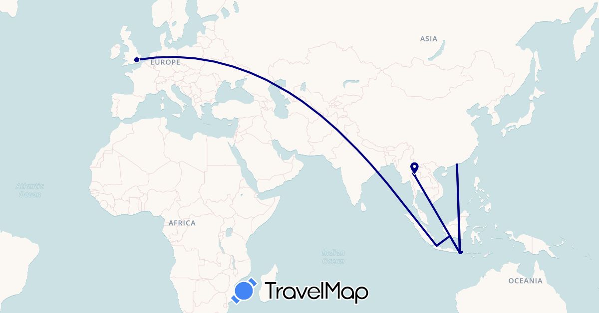 TravelMap itinerary: driving, plane in United Kingdom, Hong Kong, Indonesia, Thailand (Asia, Europe)